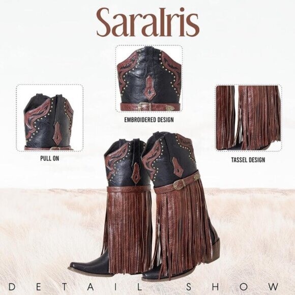 SaraIris Women's Western Booties | Black Pointed Toe Fringe Mid-Calf Cowgirl - Picture 4 of 7